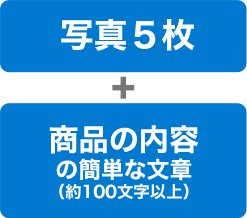 写真5枚+商品の内容の簡単な文章(約100文字以上)